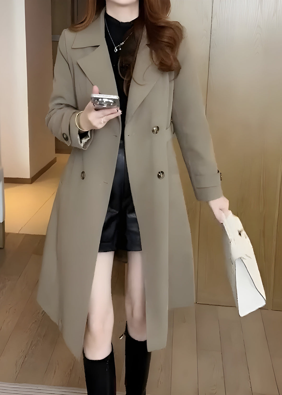 Khaki double-breasted trench coat with wide lapel worn over black outfit
