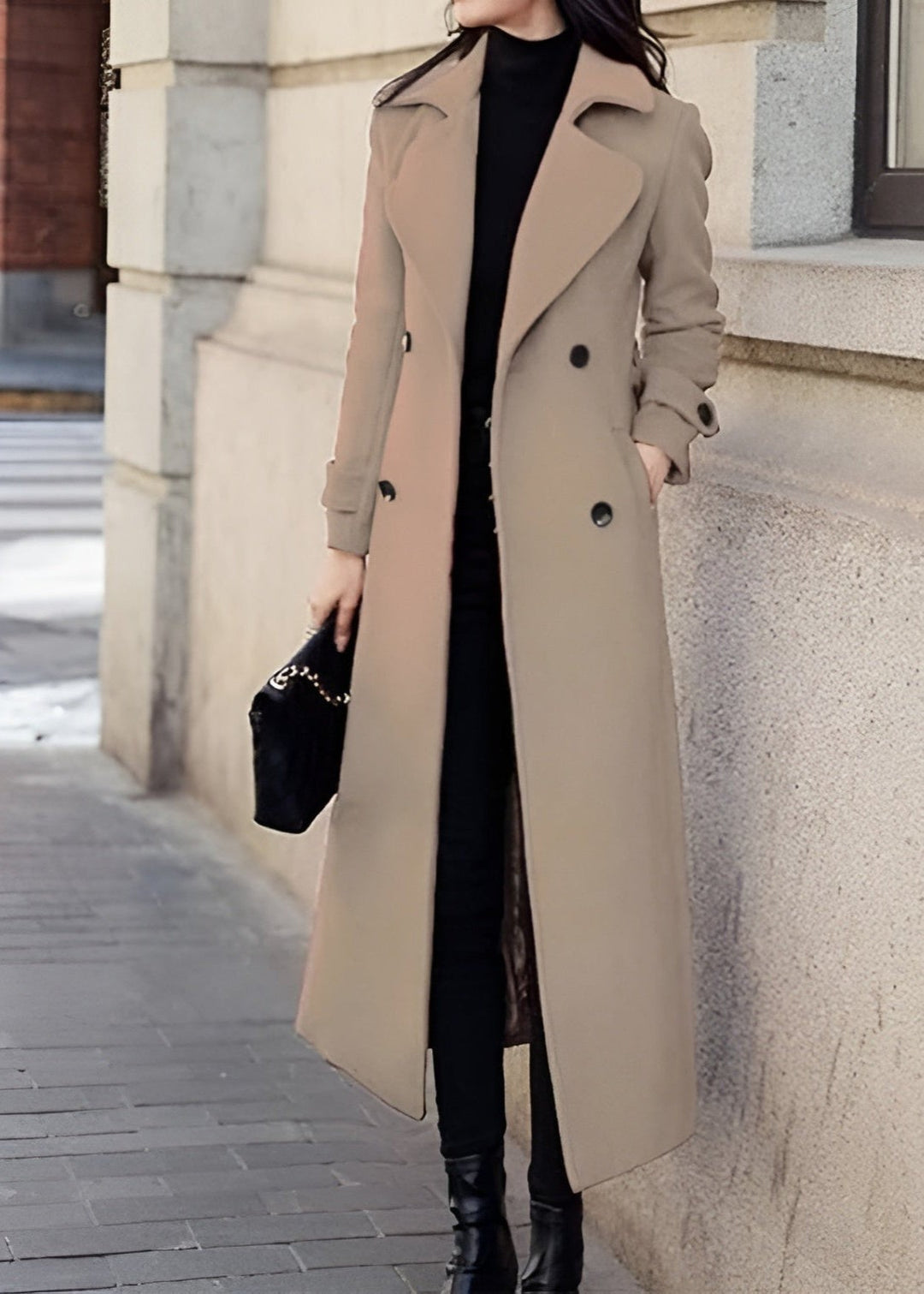 Camel double-breasted wool trench coat with black buttons and belt loops