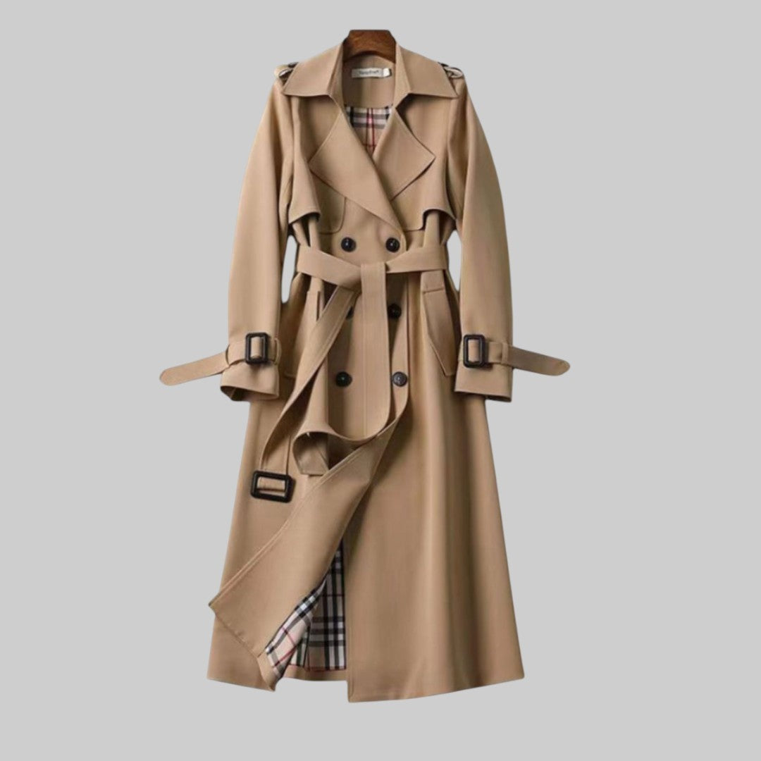 Camel double-breasted trench coat with belted waist and plaid lining