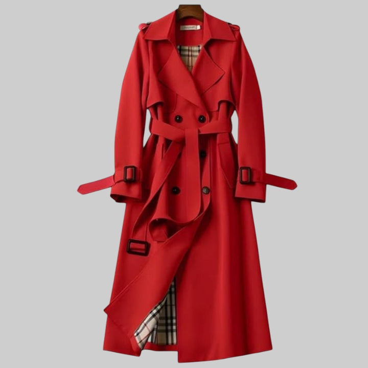 Red long trench coat featuring belted waist and back vent