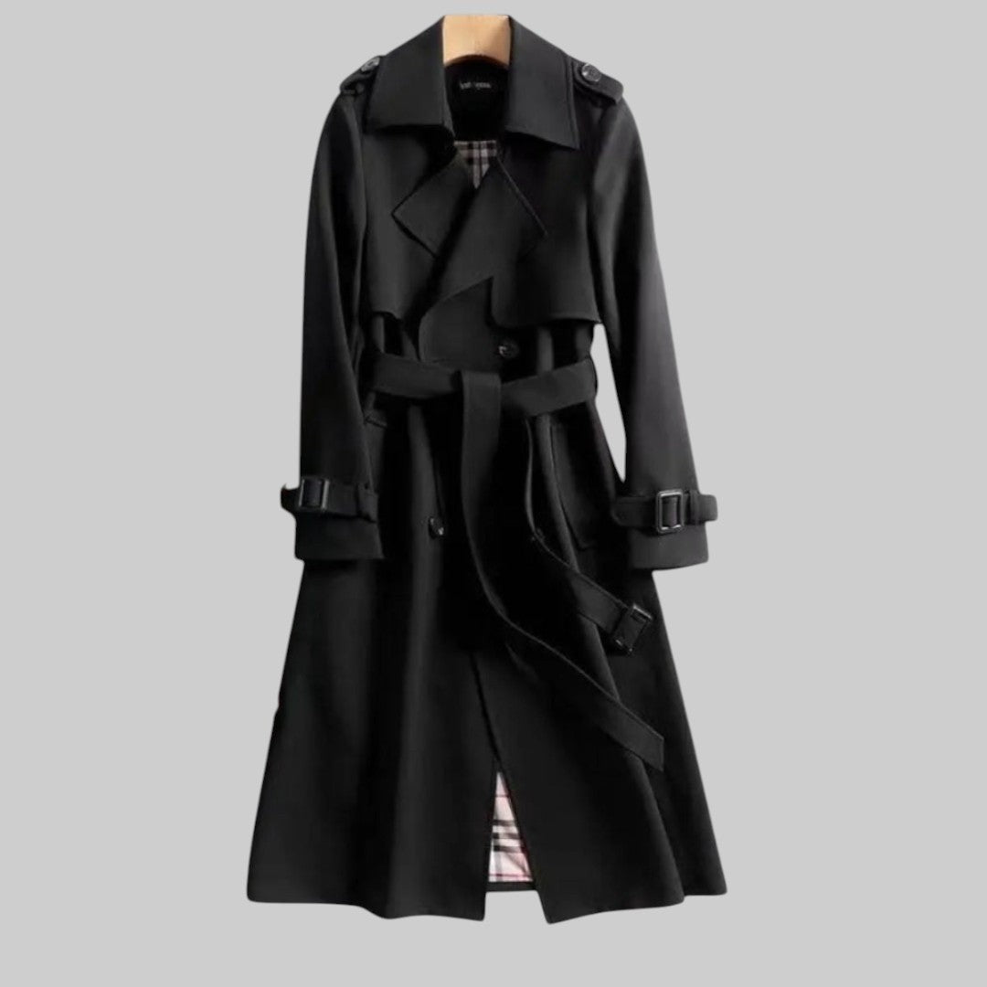 Black belted trench coat with plaid interior lining detail