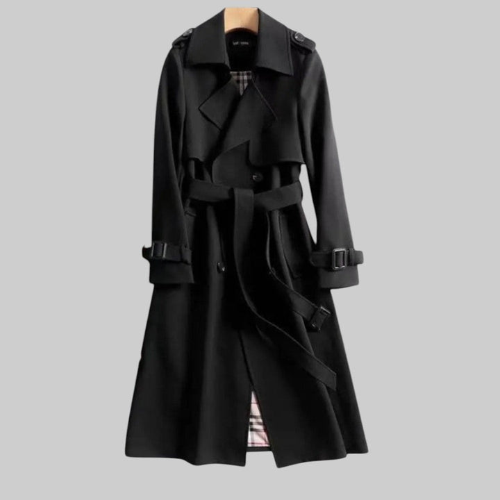 Black belted trench coat with plaid interior lining detail