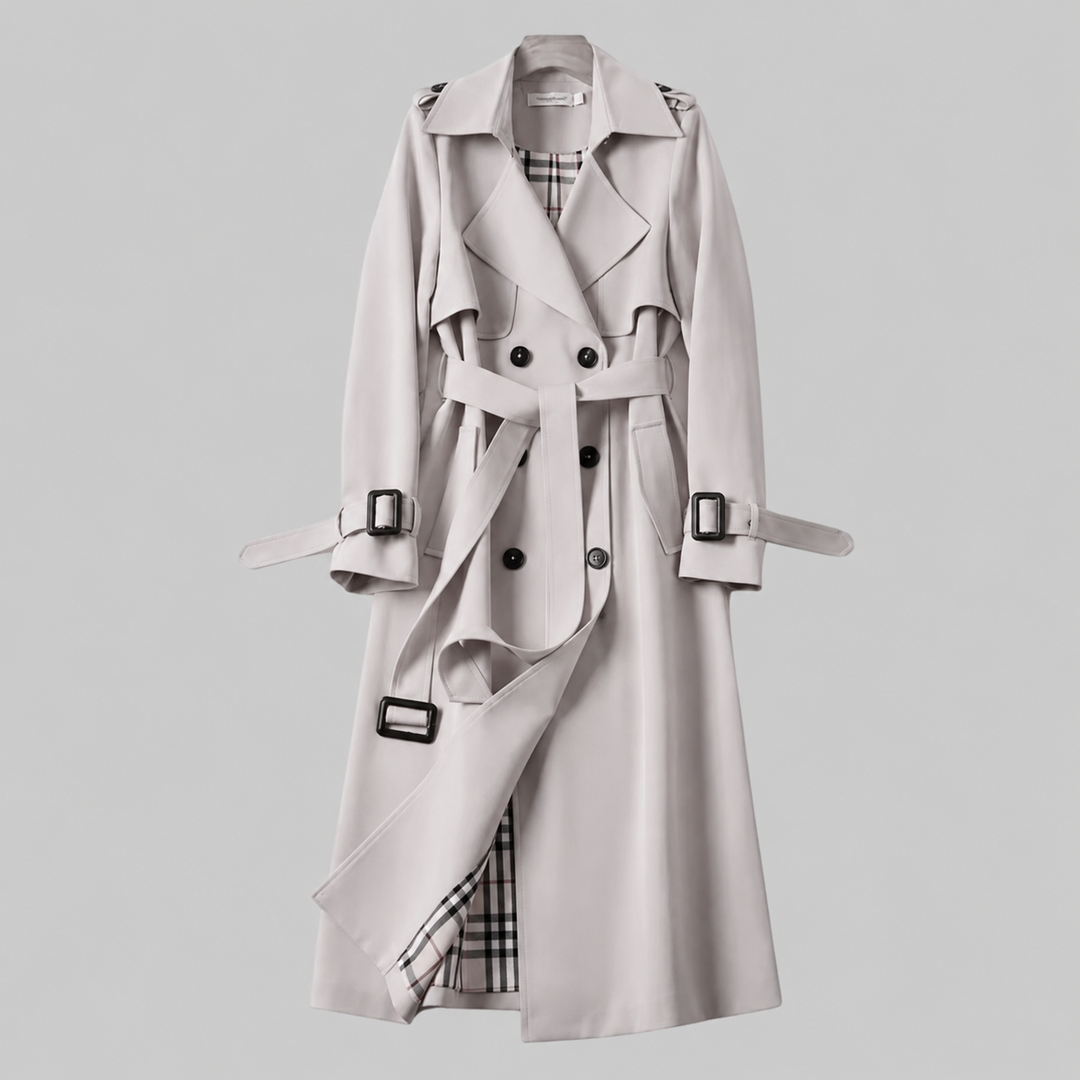 Light gray double-breasted trench coat with buckle cuffs and belt