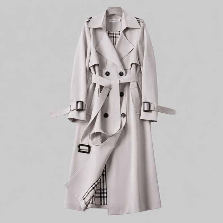 Light gray double-breasted trench coat with buckle cuffs and belt