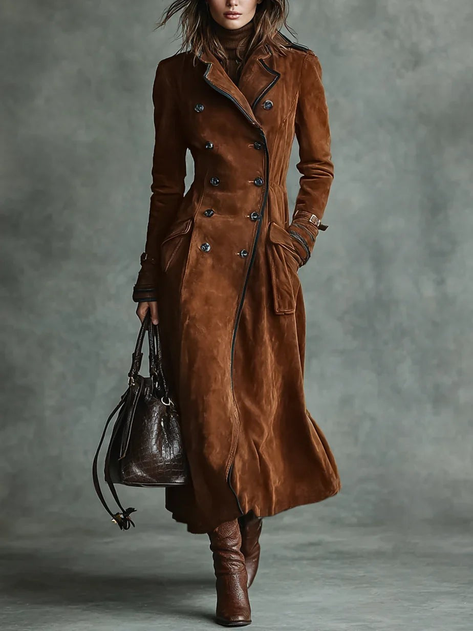 Tan suede double-breasted longline coat with notch lapel and buckled cuffs