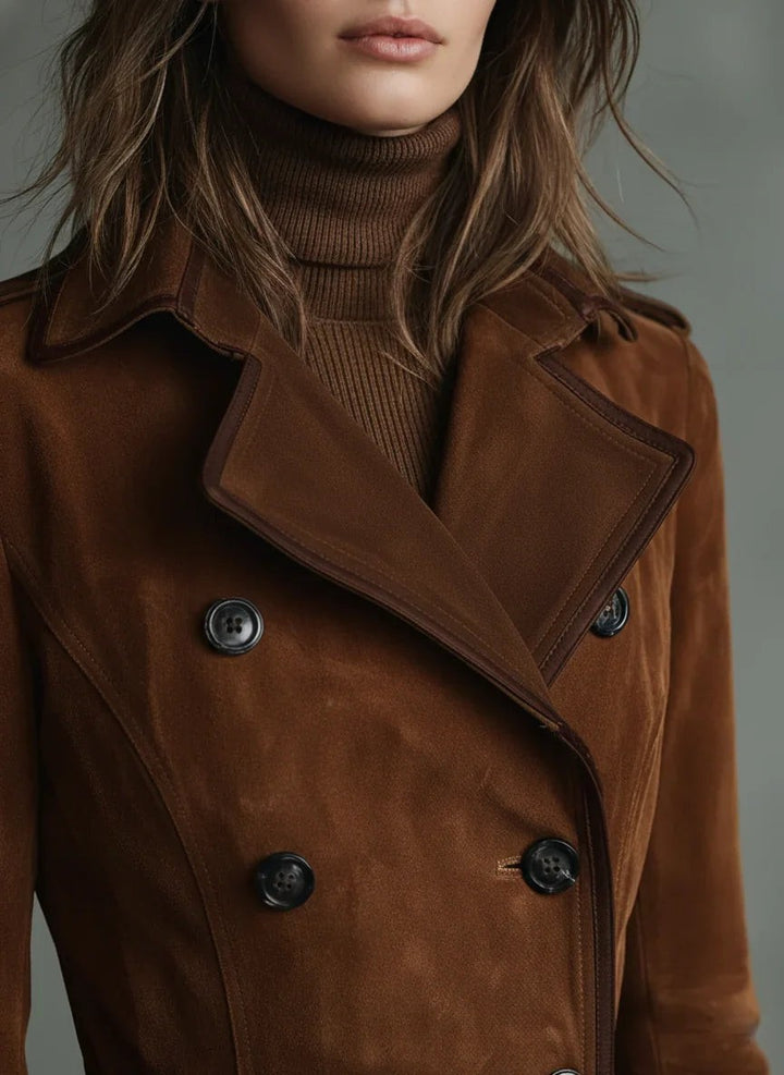 Close-up of notch lapel collar and button detailing on tan suede coat
