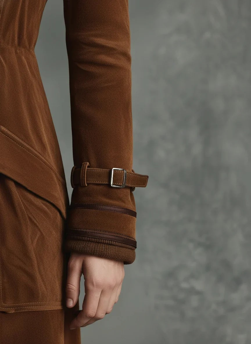 Buckled cuff detail on tan suede double-breasted longline coat sleeve