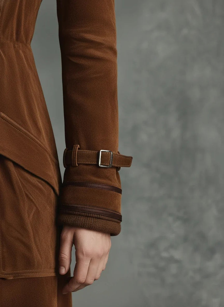 Buckled cuff detail on tan suede double-breasted longline coat sleeve