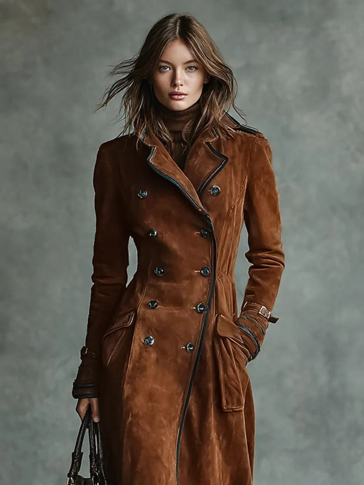 Front view of tan suede maxi coat with double-breasted button fastening