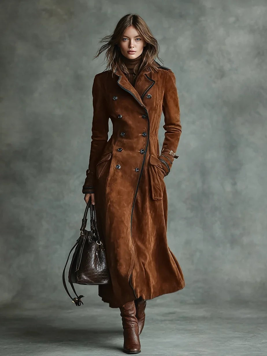 Full-length tan suede double-breasted coat styled with croc-effect handbag