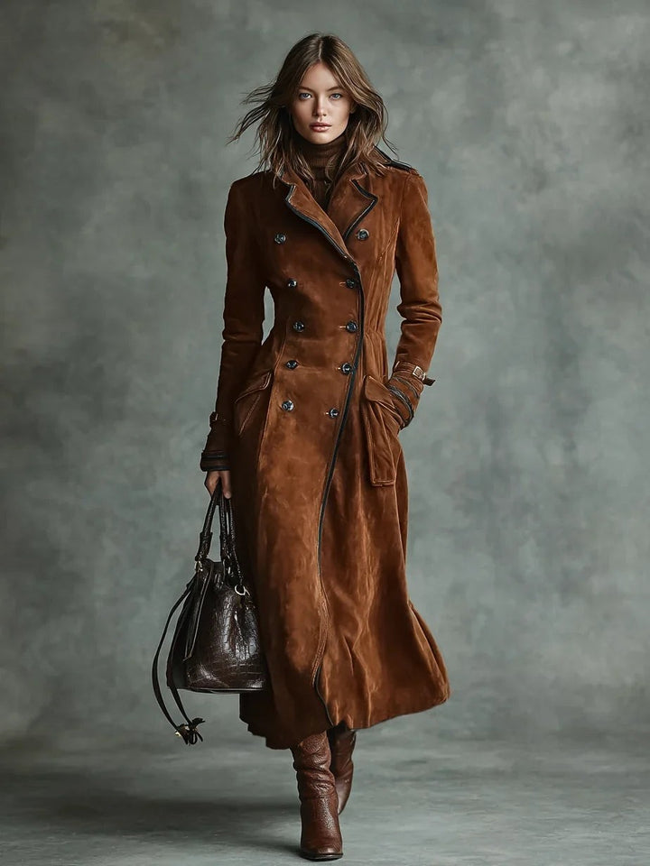 Full-length tan suede double-breasted coat styled with croc-effect handbag
