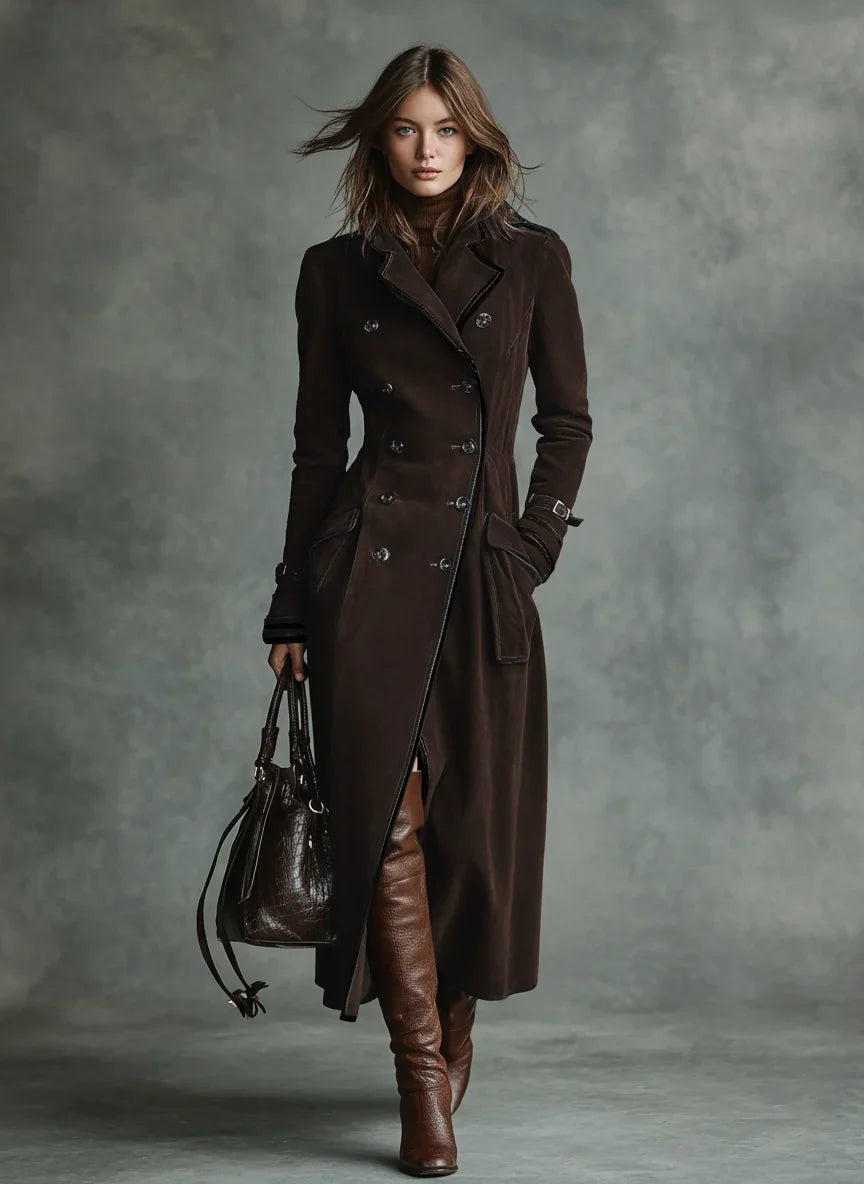 Dark brown suede double-breasted longline coat with notch lapel and buckled cuffs