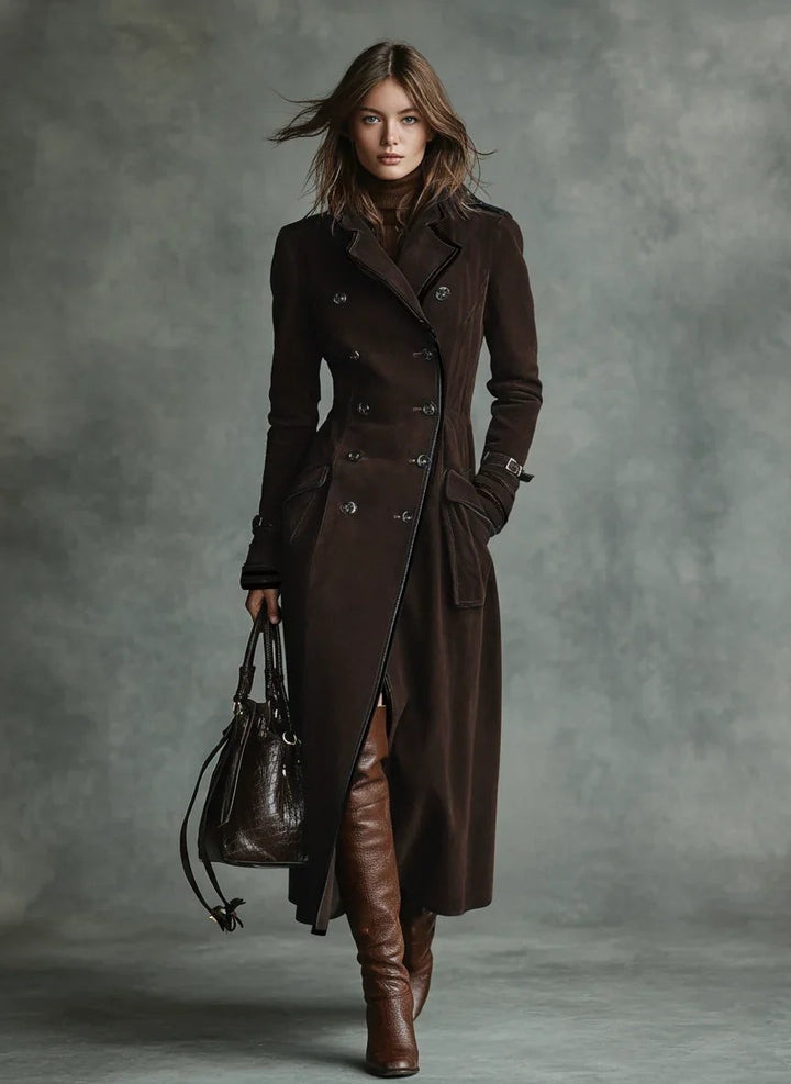 Dark brown suede double-breasted longline coat with notch lapel and buckled cuffs