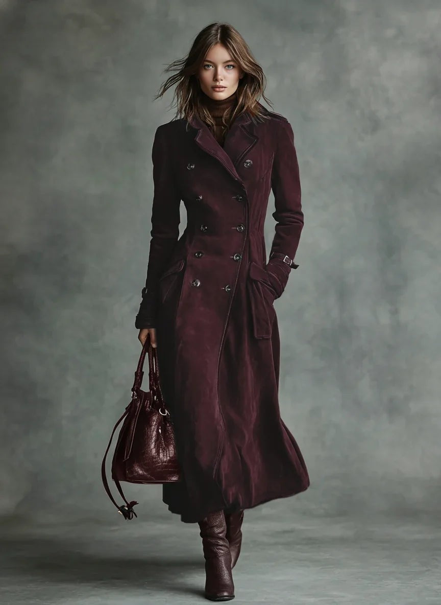 Burgundy suede double-breasted longline coat with notch lapel and buckled cuffs