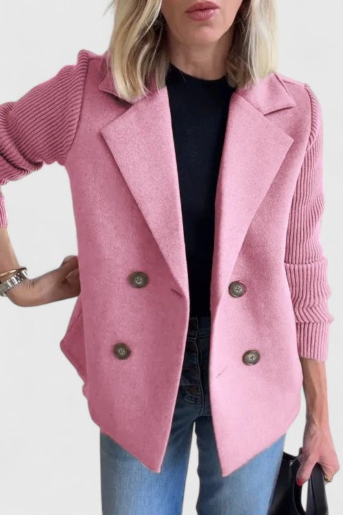 Pink double-breasted blazer with ribbed knit contrast sleeves and lapel collar