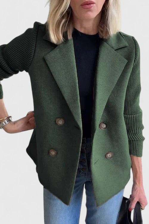 Olive green tailored blazer featuring ribbed sleeves and double-breasted buttons