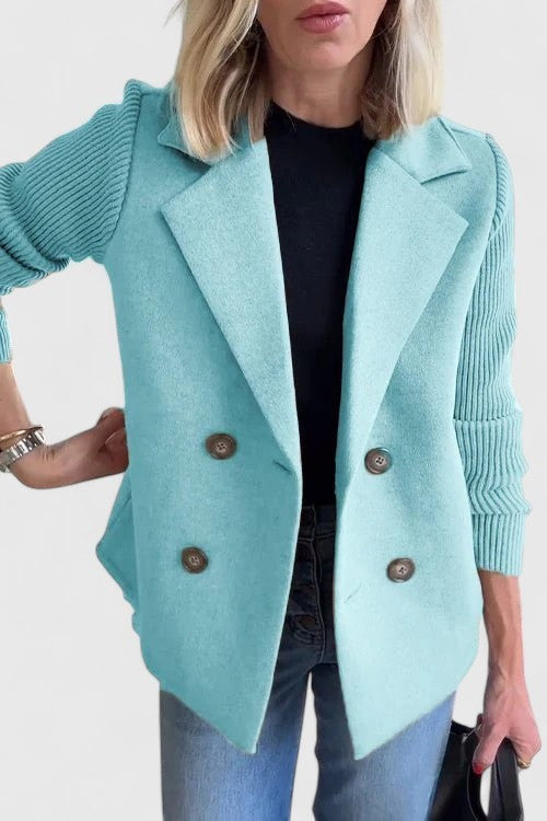 Mint green tailored blazer with ribbed sleeves and wide lapel detail