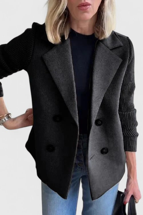 Charcoal tailored blazer featuring ribbed sleeves and double-breasted button front