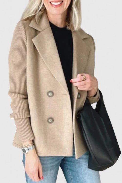 Camel tailored blazer with ribbed sleeves styled with a black tote