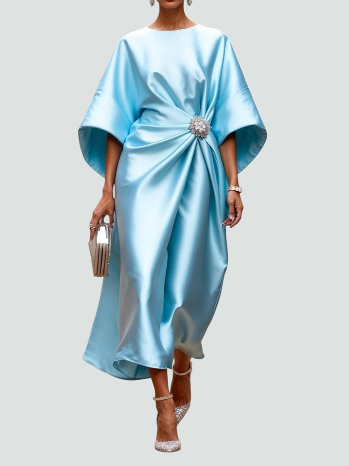 Sky blue satin midi dress with batwing sleeves and rhinestone waist brooch