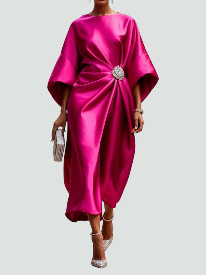 Fuchsia pink satin kaftan dress with gathered waist and sparkling crystal detail