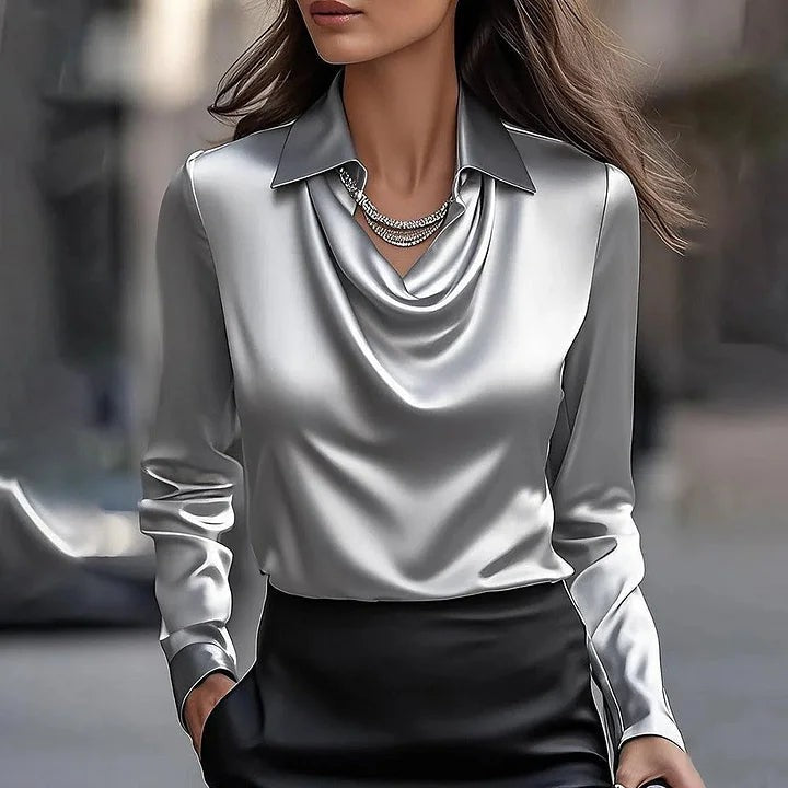 Silver satin blouse with draped cowl neckline and collared long sleeves