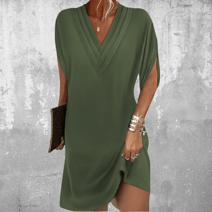 Olive green V-neck tunic dress with batwing sleeves and side slit