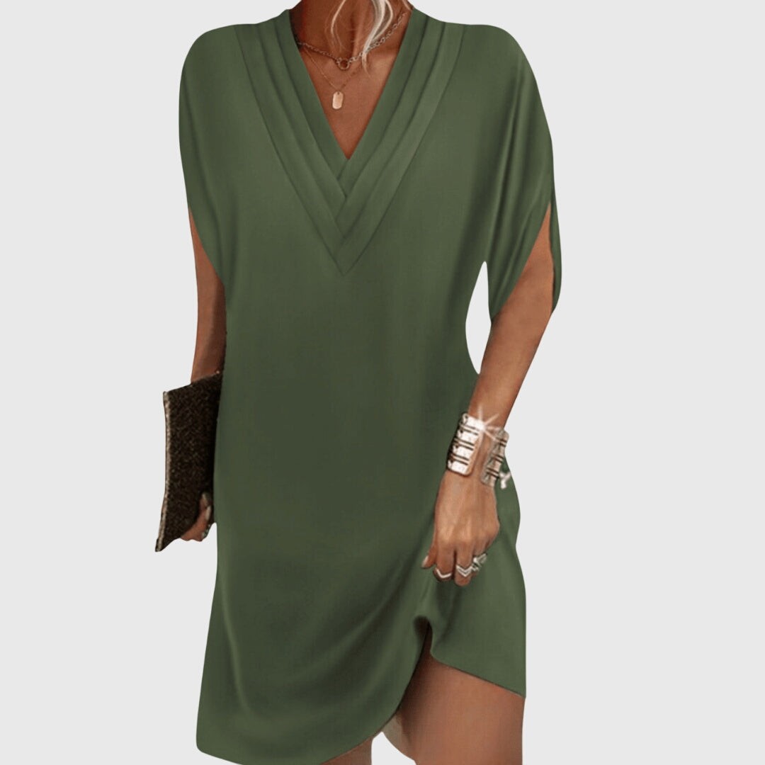 olive green V-neck tunic dress with draped batwing sleeves