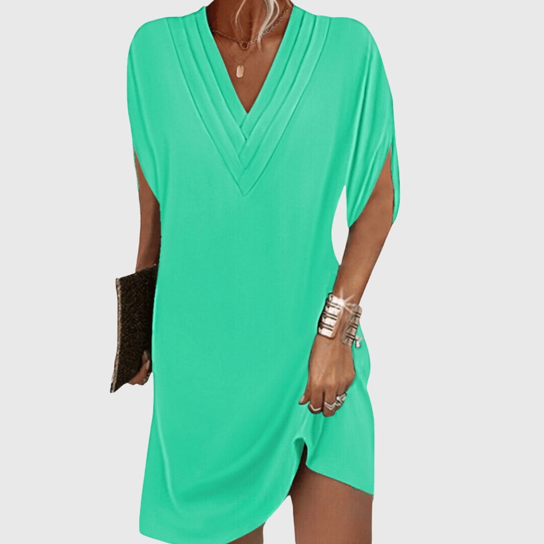 mint green V-neck tunic dress with flowy split sleeves