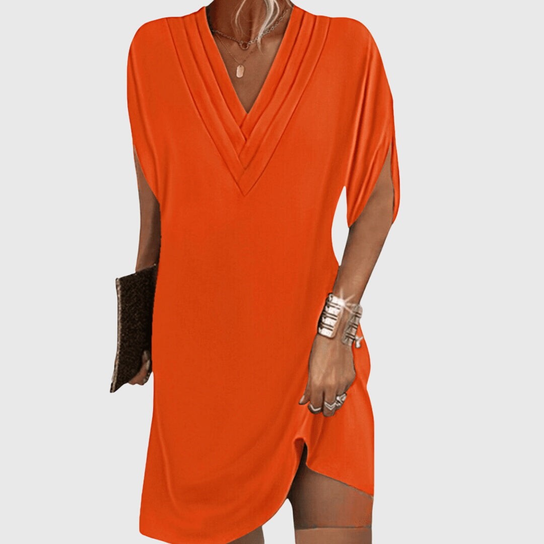 orange V-neck tunic dress with relaxed fit and slit sleeves