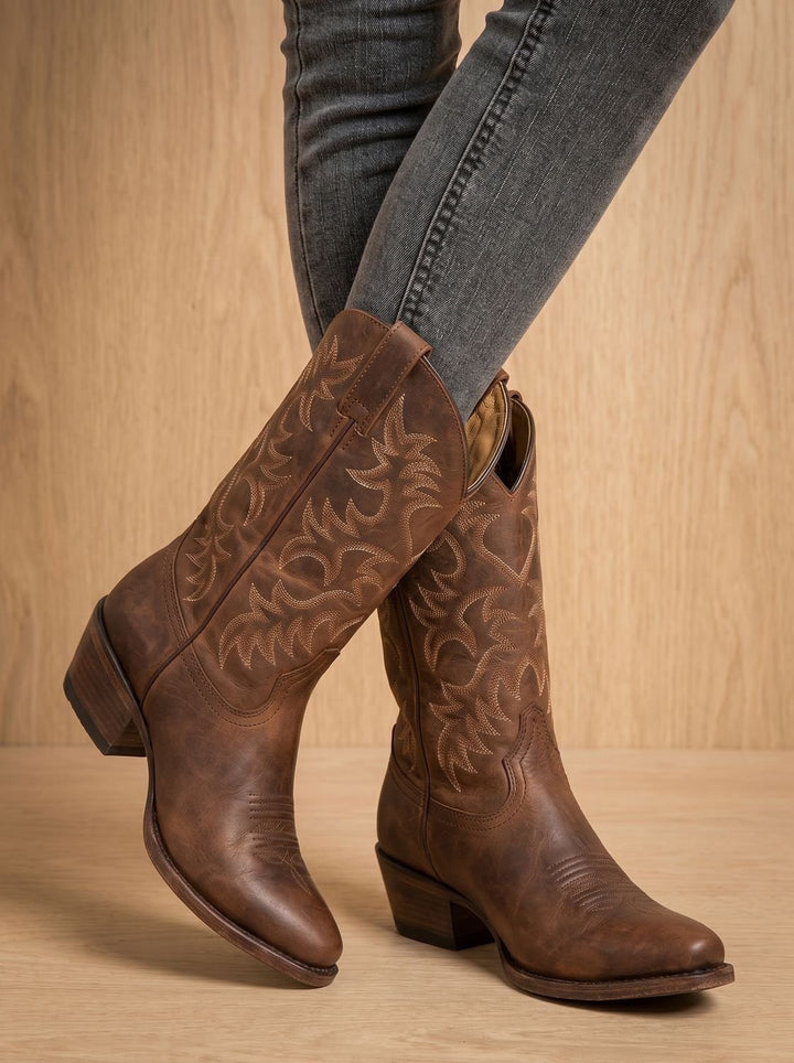 Distressed brown leather cowboy boots with embroidered shaft, worn with gray skinny jeans