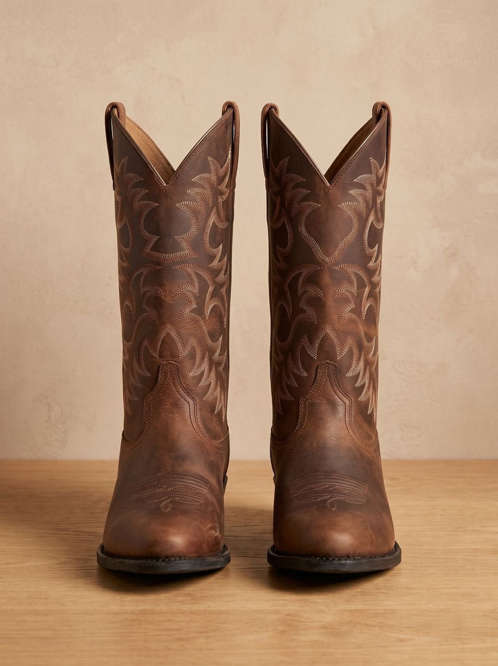 Pair of brown leather cowboy boots with embroidered shafts, viewed from the front