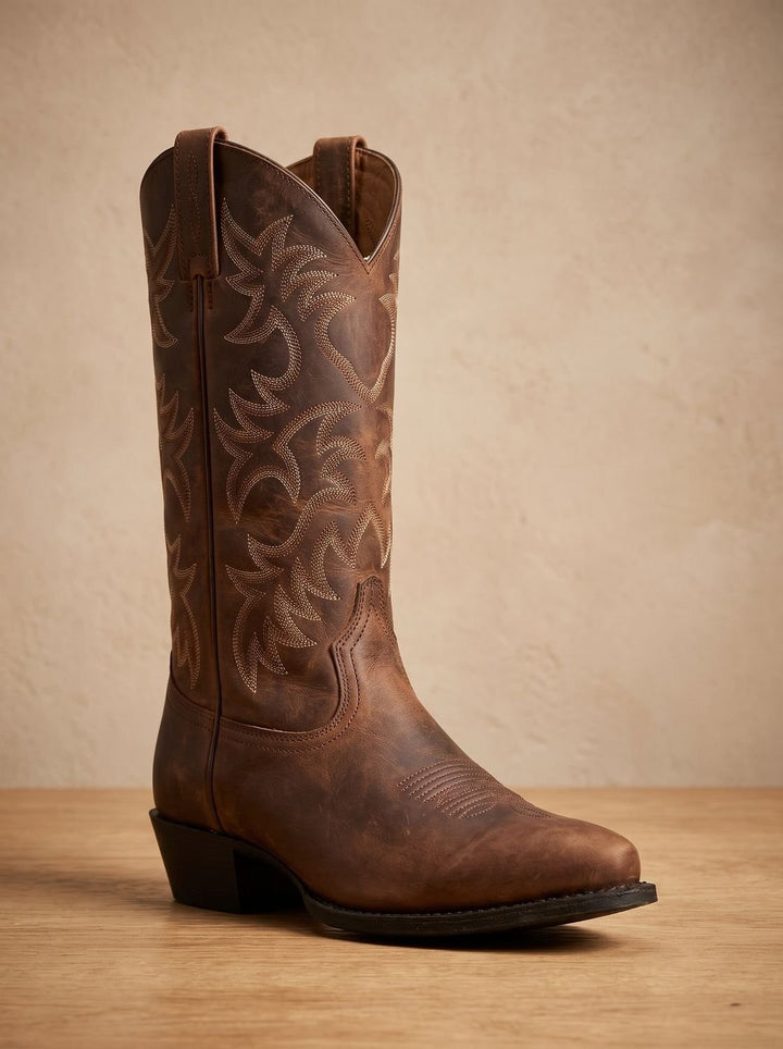 Single brown leather cowboy boot with embroidered shaft and block heel, side angle