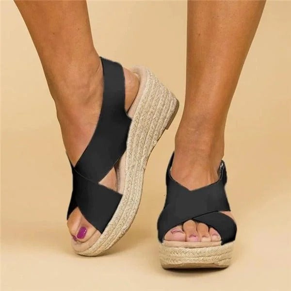 Black espadrille wedge sandals with cross straps and braided jute sole