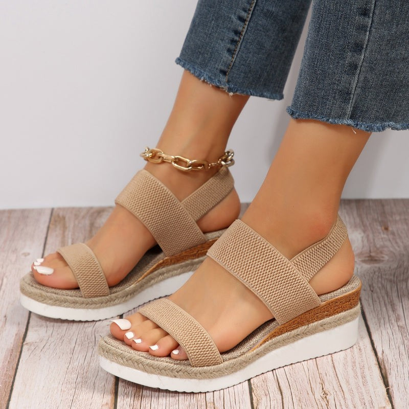 Taupe crisscross strap wedge sandal with espadrille wrapped platform