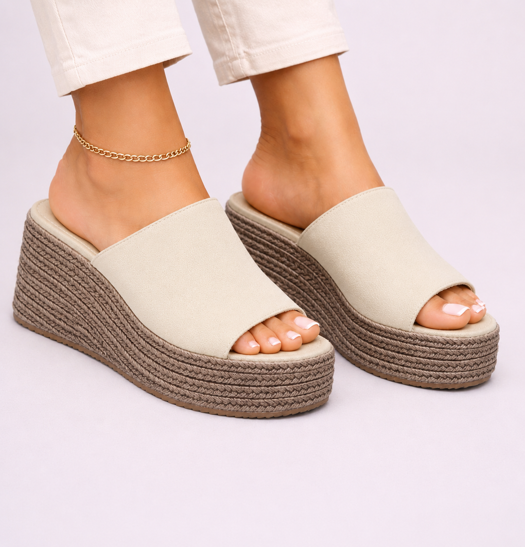 Beige suede platform wedge sandals with woven espadrille heel, side view
