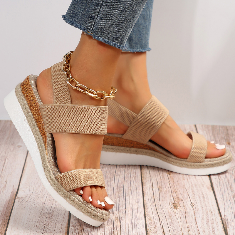 Beige elastic strap wedge sandal with espadrille platform and chunky anklet