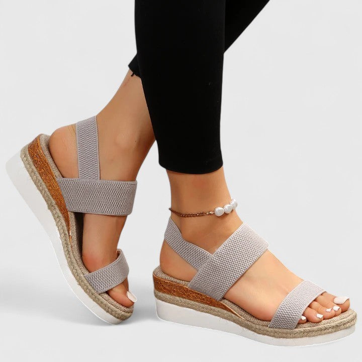 gray espadrille wedge sandals with elastic ankle strap detail