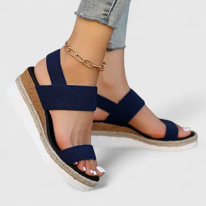 navy blue elastic strap wedge sandals with espadrille platform sole