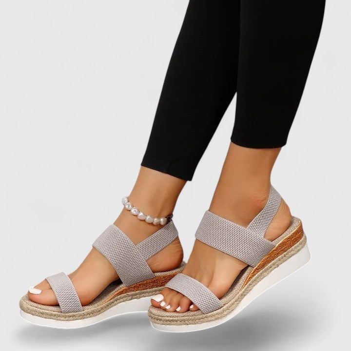 gray elastic strap wedge sandals with braided platform sole