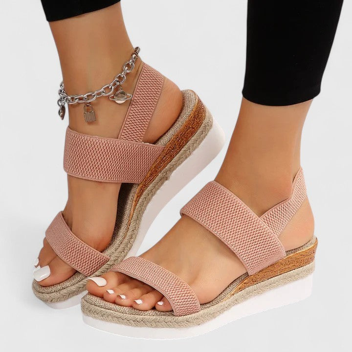 pink espadrille wedge sandals with crisscross elastic ankle strap