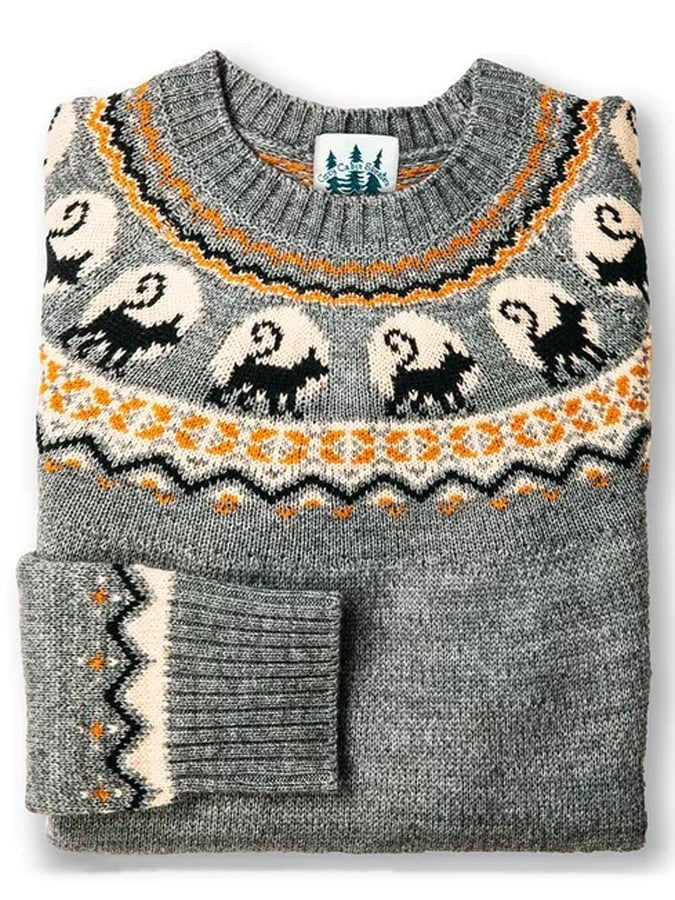 Gray Fair Isle sweater with knit fox and howling wolf pattern