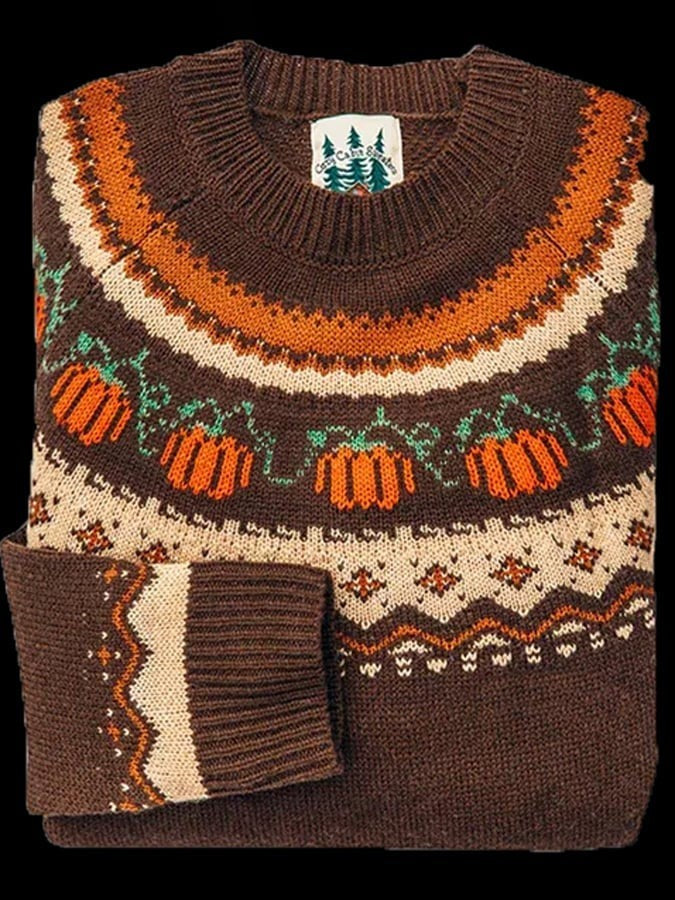 Brown crew neck sweater featuring knit pumpkin and vine Fair Isle pattern