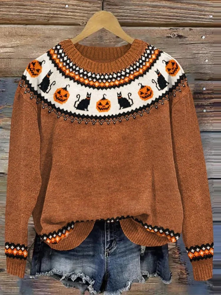 Rust brown Fair Isle sweater with knit pumpkin and black cat pattern