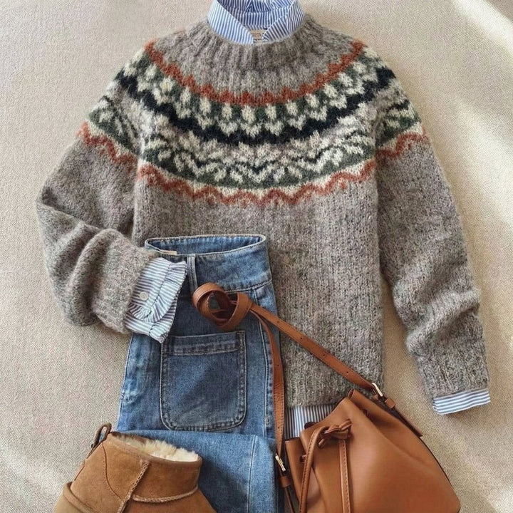 Heathered taupe Fair Isle sweater with rust and green knit yoke design