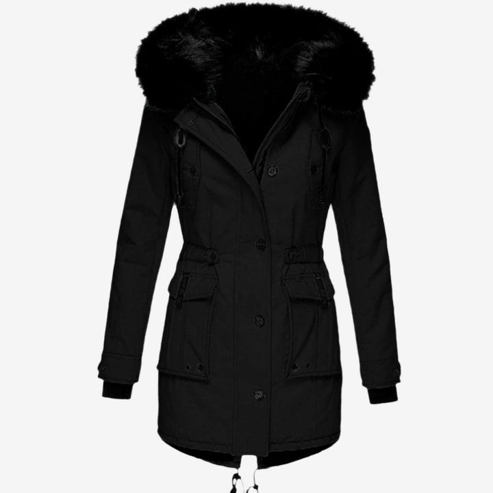Black parka with faux fur hood, cinched waist and cargo pockets
