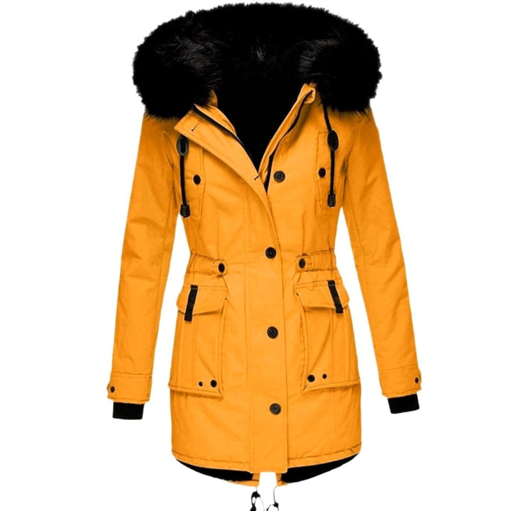 Mustard yellow parka featuring black faux fur trim and hooded collar