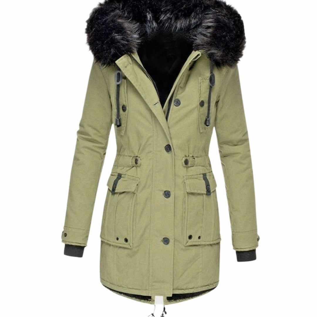 Khaki green parka with contrasting dark faux fur hood and drawstring waist