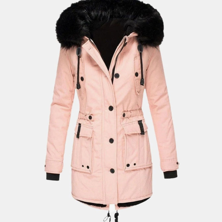 Blush pink parka coat with black faux fur hood and button pockets