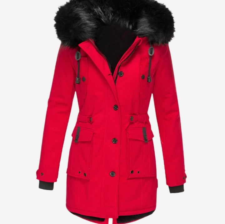 Red parka jacket with black faux fur hood and adjustable waist ties